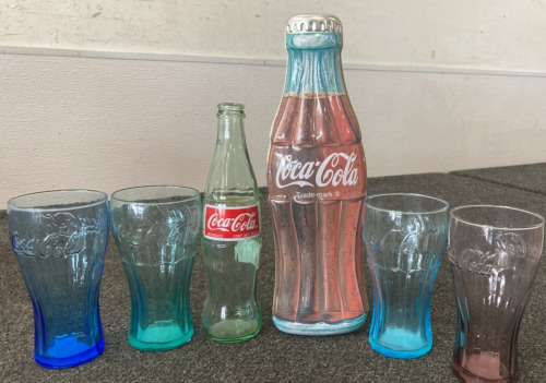 Coca-Cola Collectors Bin, Bottle, & Glasses