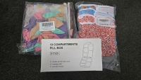 (1) Set of Flutter on Over Party Decorations (1) Set of 3 Swim Diapers in Size Medium (1) 10-Compartment Pill Box