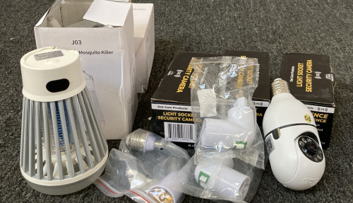 (3) LIGHT SOCKET SECURITY CAMERA, (2) MULTIFUNCTIONAL MOSQUITO KILLERS. (2) PLUG IN SOCKETS, (1) SOCKET EXTENSION.