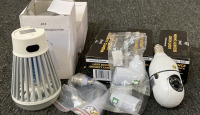 (3) LIGHT SOCKET SECURITY CAMERA, (2) MULTIFUNCTIONAL MOSQUITO KILLERS. (2) PLUG IN SOCKETS, (1) SOCKET EXTENSION.