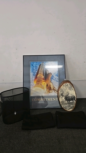 (2) Blackout Curtains (1) Moose Print on a Wood Slice (1) Spaceship Prin with a Quote About Commitment on the Bottom (1) Metal Basket with Handles