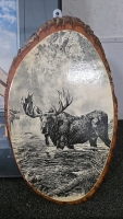 (2) Blackout Curtains (1) Moose Print on a Wood Slice (1) Spaceship Prin with a Quote About Commitment on the Bottom (1) Metal Basket with Handles - 2