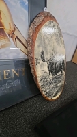 (2) Blackout Curtains (1) Moose Print on a Wood Slice (1) Spaceship Prin with a Quote About Commitment on the Bottom (1) Metal Basket with Handles - 3