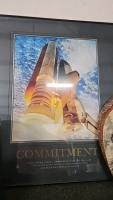 (2) Blackout Curtains (1) Moose Print on a Wood Slice (1) Spaceship Prin with a Quote About Commitment on the Bottom (1) Metal Basket with Handles - 4