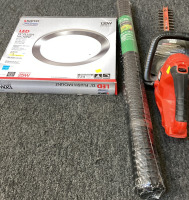 SATCO 13” FLUSH MOUNT LED LIGHT, BLACK AND DECKER CORDLESS HEDGE TRIMMER (UNTESTED NEEDS A BATTERY), 36” X 25’ GARDEN NETTING.