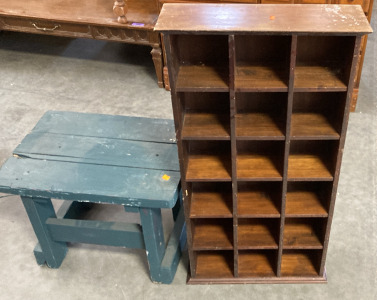 17” X 16.5” X 23” GREEN WOOD STOOL, 38” x 20” X 6.5” CUBBY SHELF.