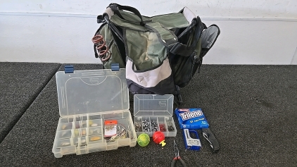 (1) Tackle Holding Chair (1) Medium Size Plano of Fishing Spinners (1) Small Plano of Hooks and Weights (2) Bobbers (1) Pair of Pliers (1) Spool of Fishing Line