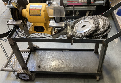 DEWALT DW758 BENCH GRINDER (TESTED DOES WORK). UTILITY CART.