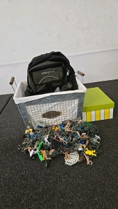 (1) Set of Army Men, Ninjas, and more! (1) Eastsport Backpack (1) Basket