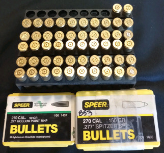 (52) Used Empty Casings Of .270 Winchester (57) Speer 150 Grain .270 Caliber .277" Spitzer SP (18) Speer 90 Grain .270 Caliber .277" Hollow Point MHP