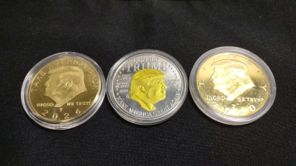 (1) 2024 "Take America Back" Golden Donald Trump Coin, (1) 2020 Golden Donald Trump Coin & (1) Silver Donald Trump Coin w/ Golden Head of Trump