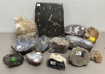 (12) Assorted Rock Specimens Including Geodes And Thunder Eggs. (1) Rock Slab Clock. Great For Collectors (See Photos For Types)