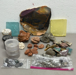 Assorted Rock Specimens And Slabs Including Calcite Rose, Pyrite + (1) Rock Slab Painted. Great For Collectors (See Photos For Types)