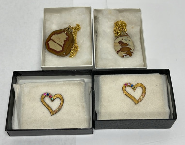 (2) Gold Toned Picture Jasper Necklaces And (2) Multicolored Stone Gold Toned Lapel Pins