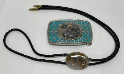 Montana Agate Silver And Blue Belt Buckle, Morrisonite Jasper Bolo Tie