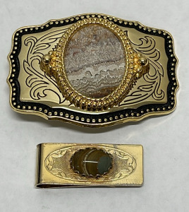 Gold Agate Belt Buckle And Jasper Money Clip