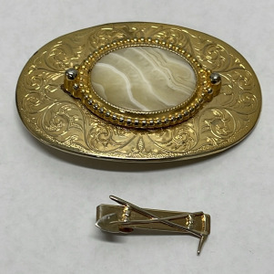 Montana Agate Belt Buckle And Gold Miner Tie Clip