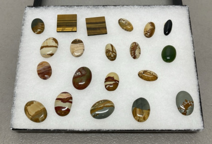 (20) Various Oval Cut And Polished Jasper, Lace Agate, And Montana Agates W/ Glass Cover Display Case