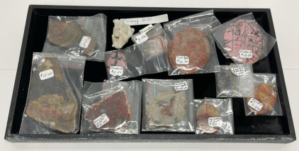 Tray Full Of Miscellaneous Rhodonite, Moss Agate, Cinnabar, Cut And Polished Slabs And Rocks + - Perfect for Jewelry Making Or Collecting W/ Display Tray