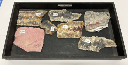 (7) Graveyard Point Plume Agate , Mexican Lace Agate, Colorado Rhodenite Slabs - Perfect for Jewelry Making Or Collecting W/ Display Tray