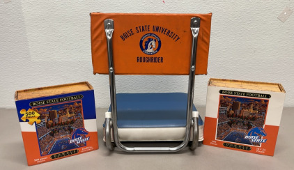 (1) Boise State Roughrider Stadium Seat, (2) 500 Pc. 18” x 24” And 16”x 20” Dowdle Folk Art Boise State Puzzles