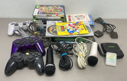 Large Lot Of X-Box 360, X-Box, PlayStation 2, PlayStation Games, (3) Controllers, (2) Microphones +