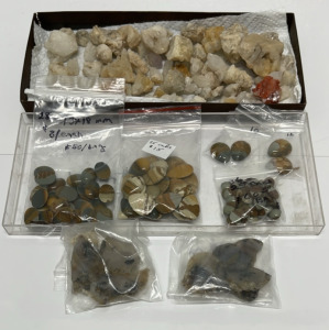 Small Tray Of Small Crystal Specimens, (80 Cut And Polished Picture Jasper, (12) Montana Agate Slab Pieces