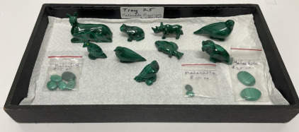 (9) Malachite Figurines And Small, Medium, And Large Cut And Polished Oval Cabochones W/ Display Tray