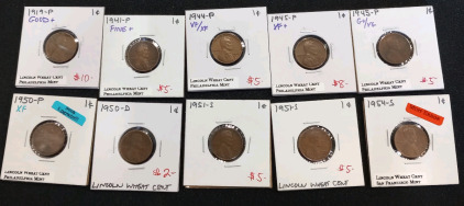 (10) Lincoln Wheat Coins Dating Between 1919-1954