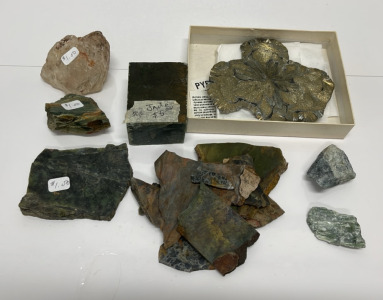 (3) Pyrite Sun Illinois, Jasper Slabs, Jade Block +