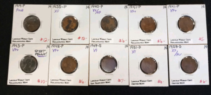 (10) Lincoln Wheat Coins Dating Between 1919-1958