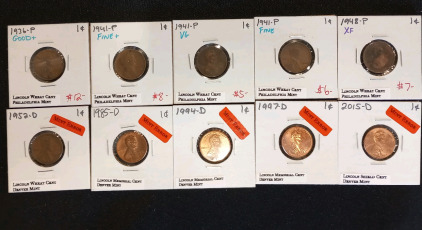 (10) Lincoln Wheat Coins Dating Between 1936-2015