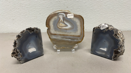 (1) Set Of Thunder Egg Bookends, (1) Brazilian Agate Slab Polished W/ Stand