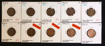 (6) Lincoln Wheat Coins Dating Between 1942-1958 (3) Lincoln Memorial Coins Dating Between 1985-1996 (1) 2012-D Lincoln Shield Cent Denver Mint