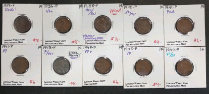 (10) Lincoln Wheat Coins Dating Between 1919-1947