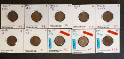 (7) Lincoln Wheat Coins Dating Between 1940-1953 (3) Lincoln Memorial Coins Dating Between 1981-1989