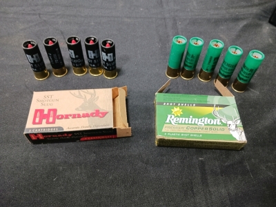 (1) Hornady 12 ga Set 2 3/4 300 gr Slug. (1) Remington Copper Solid Sabot Slug. 12 Gauge.