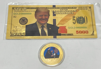 (1) Donald Trump $5000 Dollar Bill, (1) Donald Trump “Take America Back” Coin… Both Are Gold Toned