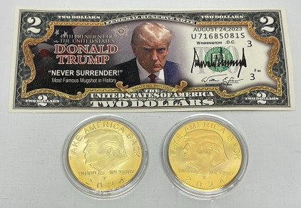 (1) Donald Trump $2 Dollar Bill, (2) Donald Trump “Take America Back” Coins… Coins Are Gold Toned