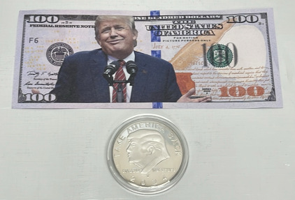 (1) Donald Trump $100 Dollar Bill, (1) Donald Trump “Take America Back” Coins…