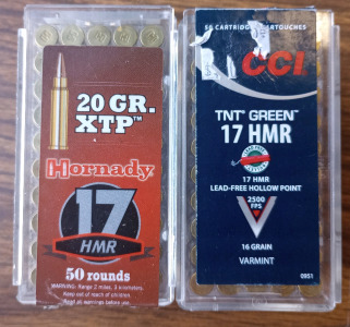 (50) Rounds of Hornady 17 HMR XTP 20 Grain (50) Rounds of CCI 17 HMR Lead Free Hollow Point TNT Green 16 Grain