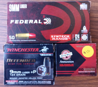 (46) Rounds of Federal 9mm Luger Total Synthetic Jacket 124 Grain (20) Rounds of Black Hills 9mm Luger FMJ 115 Grain (6) Rounds of Winchester 9mm Luger Bonded Jacketed Hollow Point 124 Grain