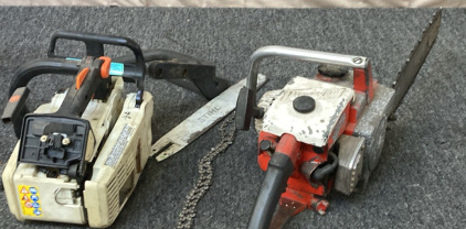 VINTAGE POWERLITE CHAINSAW (UNTESTED NEEDS FUEL). VINTAGE STIHL CHAINSAW (NOT PUT TOGETHER.
