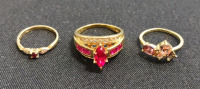 (1) Real 14k Gold Ring, (1) .925 Ring w/ Red Jewels & (1) Gold Plated Ring w/ No Hallmark