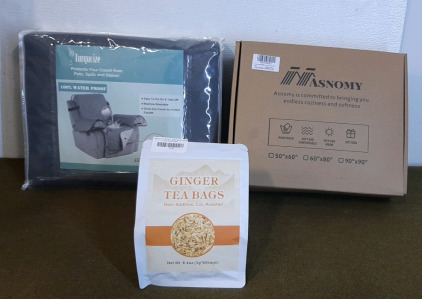 (1) Recliner Slip Cover, (1) Asnomy 60" x 80" Fleece Blanket, Silver/Blue & (1) Box Of (60) Ginger Tea Bags