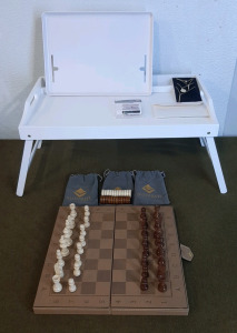 (1) Suwam, Magnetic Chess/Checker Set, (1) Lateefah, 4-Piece Necklace Set, (1) Breakfast Tray, White, (1) Bedside Storage Tray, White & (1) 3-Pack Of Dr Dan's Lip Balm