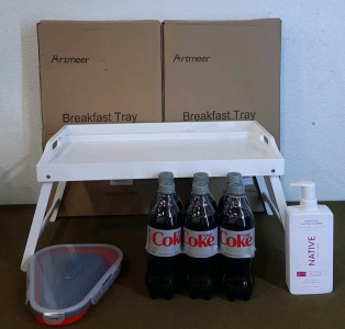 (2) Breakfast Trays, (1) Pizza Storage Container, (1) 6-Pack Of 16.9-Oz Bottles Of Diet Coke & (1) 16.5-Oz Bottle Of Native 2-In-1 Shampoo & Conditioner, Vanilla & Cactus Flower