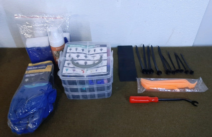 (1) Automotive Retainer Clip Kit, (2) Lined Latex Winter Work Gloves, Large & (2) Car interior Cleaning Kits