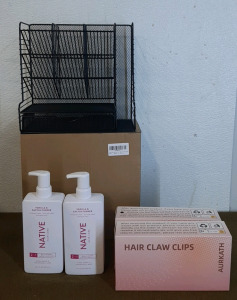 (2) 16.5-Oz Bottles Of Native 2-In-1 Shampoo & Conditioner, Vanilla & Cactus Flower, (2) 8-Count Boxes Of Aurkath Hair Claw Clips & (1) Wire Organizer W/Drawer