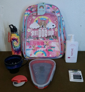 (1) Kids Backpack, (1) Highlights Insulated Water Bottle. (1) Pizza Storage Set. (1) Large Coffee Mug. (1) 16.5-Oz Bottle Of Native 2-In-1 Shampoo & Conditioner, Vanilla & Cactus Flower & (1) 3-Pack Of Dr Dan's Lip Balm